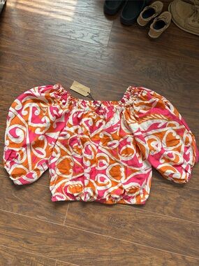 NWT Christian Siriano Pink & Orange Off-Shoulder Puff Sleeve Top